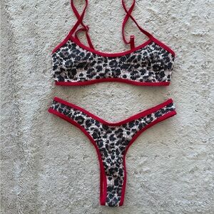 Chic Leopard Print Bikini with Red Trim